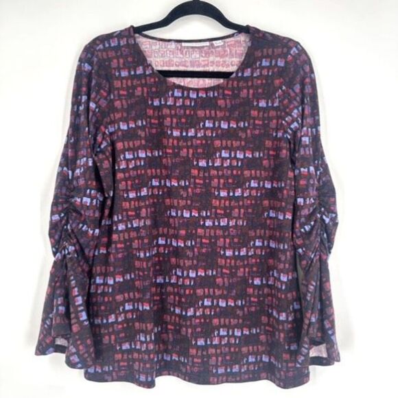 Susan Graver Geometric Stretch Knit Bell Sleeve Blouse Small Dark Romantic - Picture 1 of 9